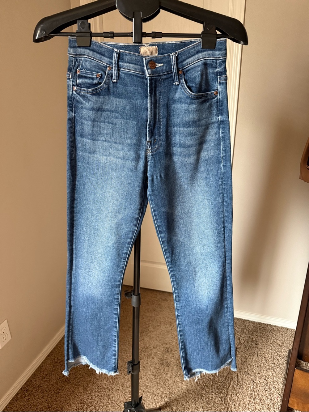 MOTHER Blue Straight-Leg Jeans with Raw Hem
